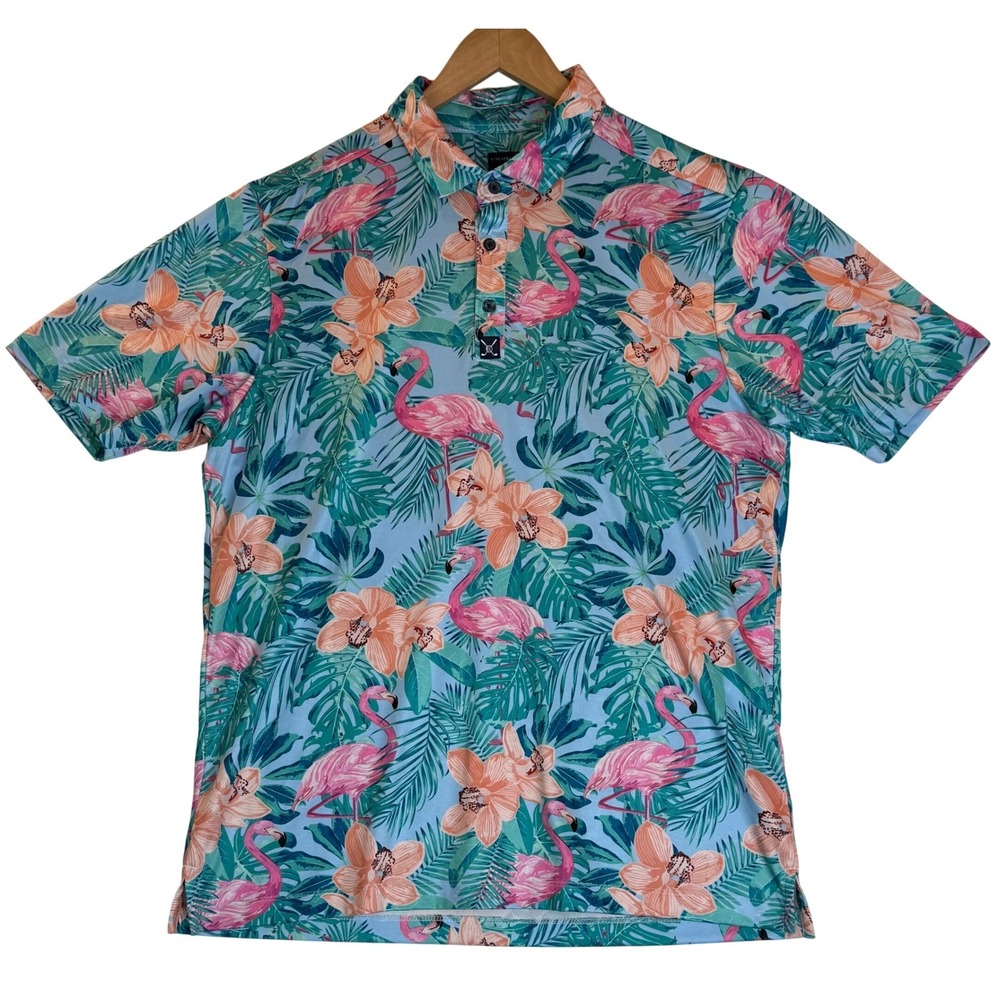 CONSTRUCT Floral Tropical Flamingo Golf‎ Polo Men's Performance Quick Dry Sz L